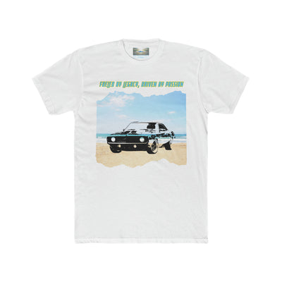 F-02 "FUELED BY LEGACY, DRIVEN BY PASSION" American Muscle meets Coastal Cool: Classic Muscle Car Mens Premium T-shirt 100% Cotton